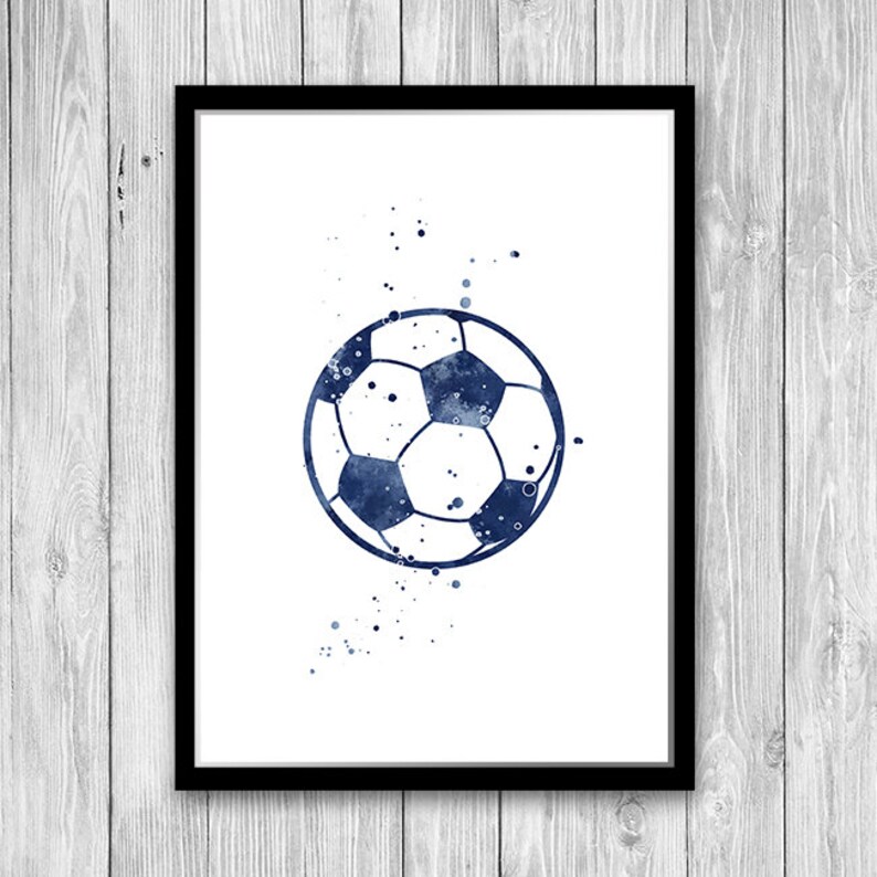 May include: A watercolor painting of a soccer ball in shades of blue. The ball is surrounded by small blue dots.