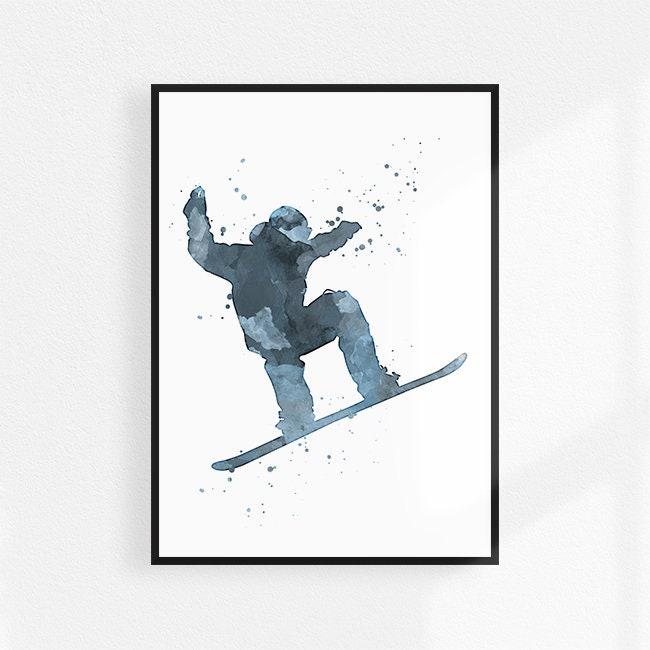 Snowboarding art print, Watercolor wall decor for boys room