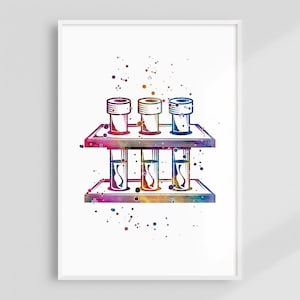Science Watercolor Art Print, Tripod With Test Tubes Vibrant Artwork, Chemistry Laboratory Wall Hanging Decor, Biochemistry Lab Decoration