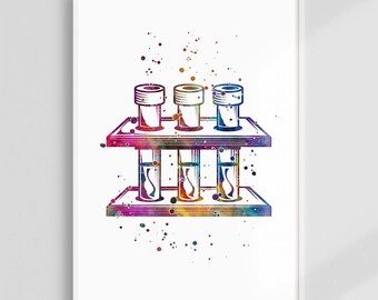 Science Watercolor Art Print, Tripod With Test Tubes Vibrant Artwork, Chemistry Laboratory Wall Hanging Decor, Biochemistry Lab Decoration