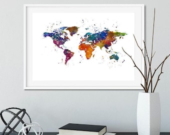 Wereldkaart kleurrijke aquarelprint voor kinderkamerdecoratie, kinderkamermuurkunst