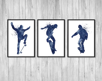 Boy Skater Set of 3 Blue Watercolor Art Prints, Teen Boy Wall Art Set of Prints Skateboarder Gift Art for teen boys room Skateboarder poster