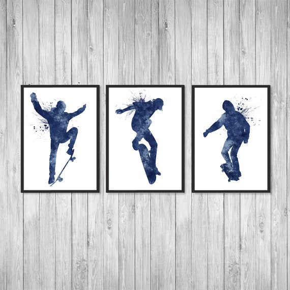 Boy Skater Set of 3 Blue Watercolor Art Prints, Teen Boy Wall Art Set of  Prints Skateboarder Gift Art for Teen Boys Room Skateboarder Poster 