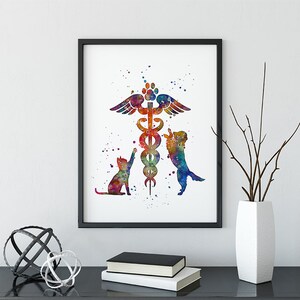 May include: A watercolor painting of a veterinary symbol with a cat and dog on either side. The symbol is a caduceus with wings and a snake wrapped around it. The cat and dog are both looking up at the symbol. The background is white with watercolor splatters.