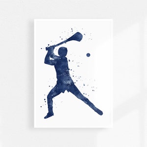 Hurling Druck, marine blau Aquarell Wanddekor für Jungenzimmer, Hurling Spieler Poster
