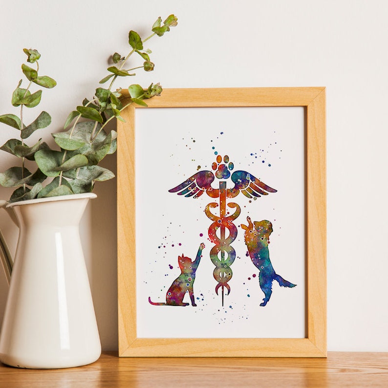 May include: A watercolor painting of a veterinary symbol with a cat and dog on either side. The symbol is a caduceus with wings and a snake wrapped around it. The cat and dog are both looking up at the symbol. The painting is done in a colorful style with splashes of paint.
