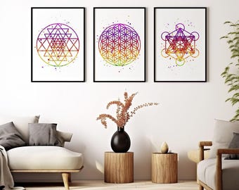 Sacred Geometry Wall Art Set | Sri Yantra, Flower of Life & Metatron's Cube Prints | Meditation, Spiritual Decor, Metaphysical Art