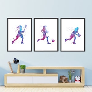 Pôsteres de basquete, futebol e lacrosse, decoração de arte de parede de quarto para meninas adolescentes, conjunto de 3 impressões em aquarela vibrantes, obras de arte esportivas motivacionais