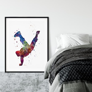 Stampa di ballerino hip hop, opera d'arte colorata ad acquerello per la decorazione della stanza dei ragazzi adolescenti, poster di danza, arte murale per camera da letto, interno di un locale di danza