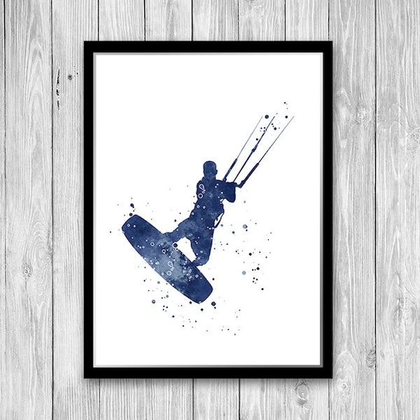 Кitesurfing watercolor print, kitesurfer navy blue poster, kiteboarding wall art, boys room sports decor