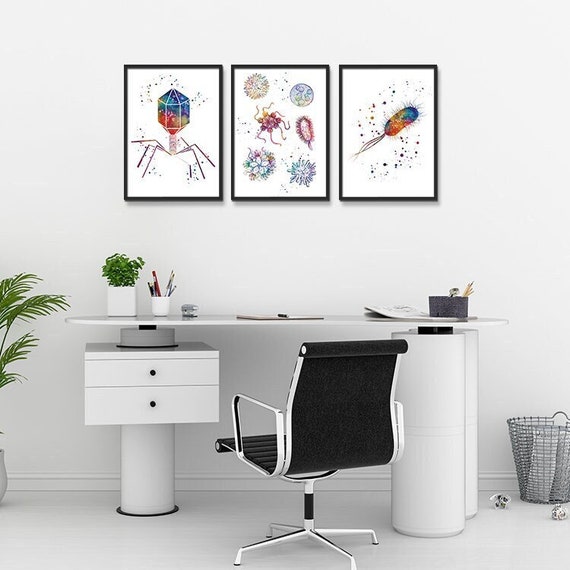 Microbiology Art Set of 3 Watercolor Prints Bacteriophage Virus E. coli Bacteria Microbiologist Gift Office decor