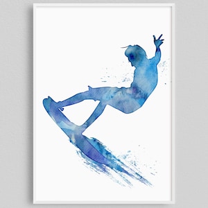 Stampa di surfista blu ad acquerello, poster di arte del surf, decorazione della stanza di un ragazzo adolescente, opera d&#39;arte di sport estivi, arte murale della casa sulla spiaggia, decorazione della cameretta dei bambini