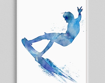 Blue Watercolor Surfer Print, Surfing Art Poster, Teenager Boy Room Decoration, Summer Sports Artwork, Beach House Wall Art, Nursery Decor