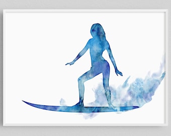 Female Surfer Print, Surfing Girl Poster, Surfboard Wall Art Blue Watercolor Artwork, Surf Illustration for Home Decor, Living Room