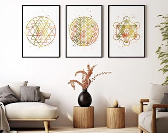 Sacred Geometry Wall Art Set of 3 Prints | Sri Yantra, Flower of Life, Metatron's Cube | Meditation Decor, Spiritual Home Decor, Yoga Room