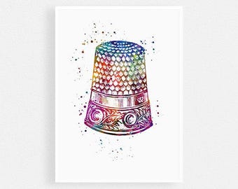 Retro oude vingerhoed | Wanddecoratie naaien Craft Room | Naaien vingerhoed aquarelafdruk | Cadeaus voor naaister