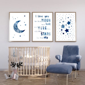 Navy blue nursery decor, Moon and Stars for boys room decor, I love you to the moon and back, Set of 3 Watercolor prints for kids bedroom