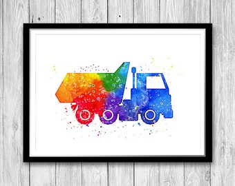 Dump truck watercolor print, construction trucks wall art for kids room