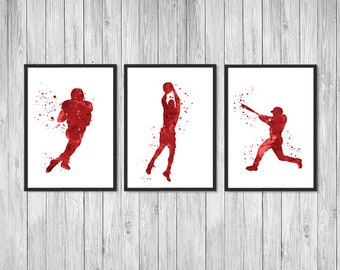 Football, baseball, basketball Sports art for boys room Set of 3 red color prints