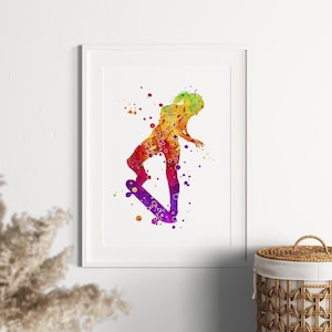 Impressão de garota skatista, arte de parede de mulher entusiasta de skate em aquarela, decoração de quarto de meninas adolescentes, pôster vibrante de esportes de rua