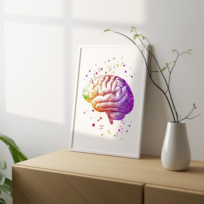 Human Brain Watercolor Art Print, Neurology Clinic Wall Decor, Vibrant ...