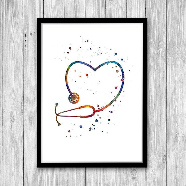 Stethoscope art watercolor print, Pediatrician gift, School nurse office decor wall art, Medical Poster