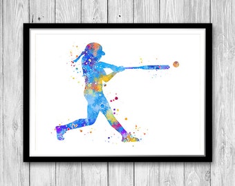 Softball Batter Girl Player Watercolor Art Blue Print Softball Poster Fastpitch Softball Girls Softball Wall Art softball gifts for girls