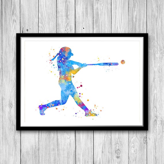 Softball Batter Girl Player Watercolor Art Blue Print Softball