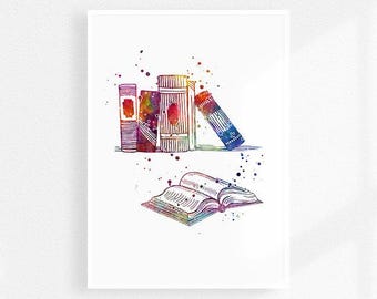 Books watercolor art print, Bookshop wall decor, reading room decor, book lover gift