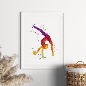 Stampa acquerello di ginnastica ritmica, decorazione per camera da letto sportiva per bambine, poster colorato di ginnaste, decorazione murale atletica ispiratrice, regalo per figlia