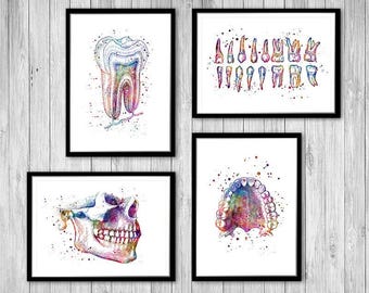Dental art, Dental office decor, Dentist gift, Set of 4 watercolor prints Teeth poster tooth art