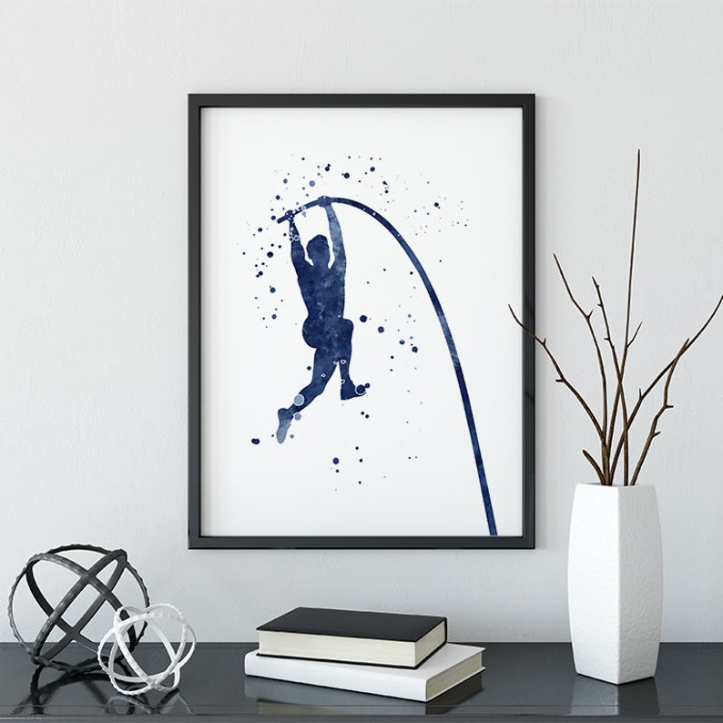 pole vaulter watercolor navy blue print Pole Vault art Pole Vaulting