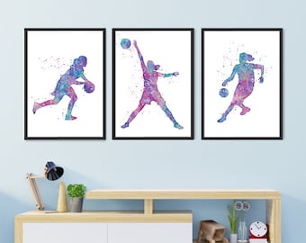 Basketball Watercolor Set of 3 Art Prints, Girl Basketball Player Girls Room Decor, Wall Art Basketball gift for Girl