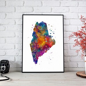 Aquarelle du Maine | ME, carte de l'état, décoration de dortoir oeuvres d'art multicolores pour étudiantes | Affiche de géographie de l'État des États-Unis pour la salle de classe ou le bureau