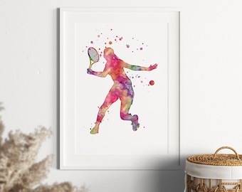 Tennis Print Girls Room Decor | Female tennis player Pink Watercolor Artwork | Motivational Sports Poster for girl teenager bedroom wall art