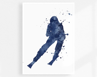 Skiing art, Downhill skiing Navy blue watercolor art print, downhill skier