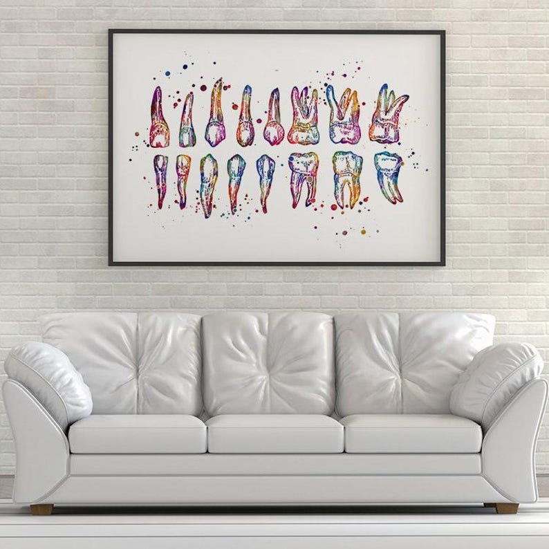 Colorful Watercolor Teeth Chart Print, Dentist Office Wall Art, Dental School Anatomy Poster image 7