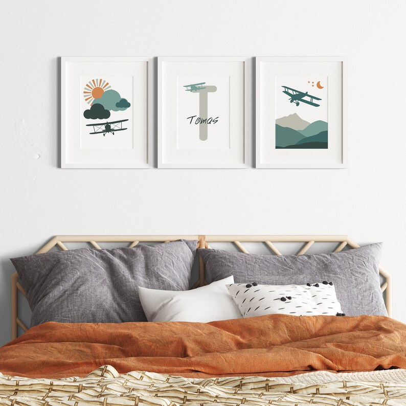 Airplane Nursery Wall Decor | Personalized Name Set of 3 Prints ...