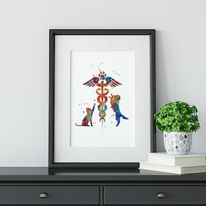 May include: A watercolor painting of a veterinary symbol with a cat and dog on either side. The symbol is a caduceus with a snake wrapped around it and wings on top. The cat and dog are both looking up at the symbol. The background is white with a few watercolor splatters.