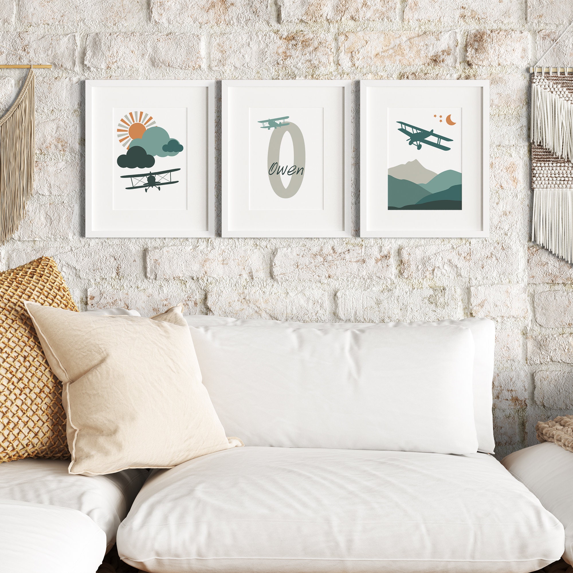 Airplane Nursery Wall Decor | Personalized Name Set of 3 Prints ...