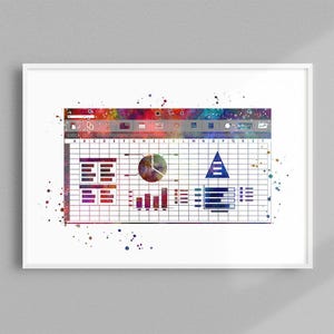 Spreadsheet Watercolor Art Print, Financial Accounting Report Concept, Financial Adviser Office Wall Decor, Multicolored Vibrant Artwork