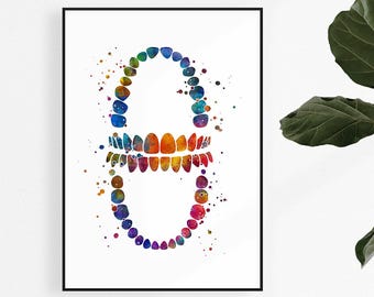 Tooth Chart Watercolor Print, Dental Clinic Wall Art, Pediatric Dentist Office Decor, Teeth Artwork