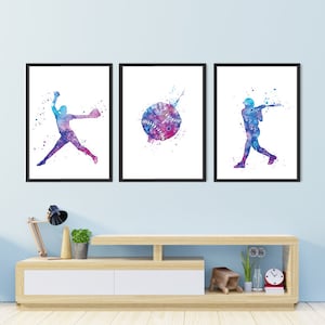 Sports Art Softball for Girls Room Decor Set of 3 Watercolor Prints Bedroom Wall Art Birthday Gift for Her