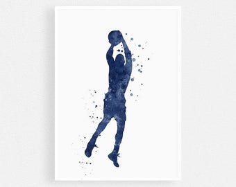 Sports art watercolor basketball poster | Boys room basketball decor | Basketball player print | navy blue wall art