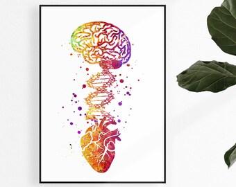 Psychology Office Art, Brain Heart DNA Print, Mental Health Wall Decor, Therapist Office Art
