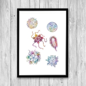 Mikrobiologie Wissenschaft Kunst Bakterien Aquarell Druck Biowissenschaften Biotechnologie Labor Wanddekor