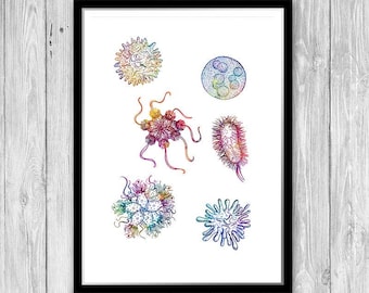 Microbiology Science Art Bacteria Watercolor Print Bioscience Biotechnology laboratory wall decor