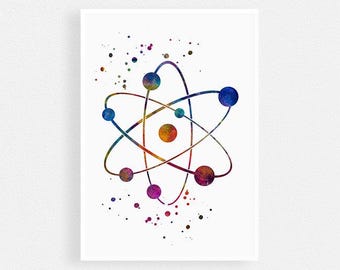 Chemistry Art, Atom Watercolor Print, Science Wall Art, Laboratory Decor, Chemistry Student Gift