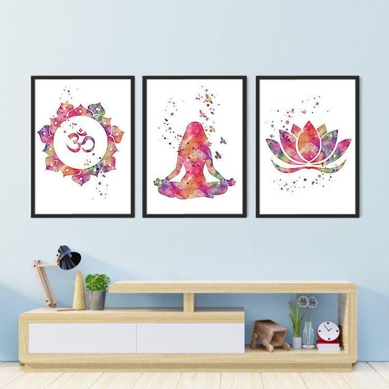 Yoga Art Set of 3 Watercolor Prints | Meditation Room Decor | Spa and Relaxation Wall Art | Home Yoga and Zen Wall Decor image 2