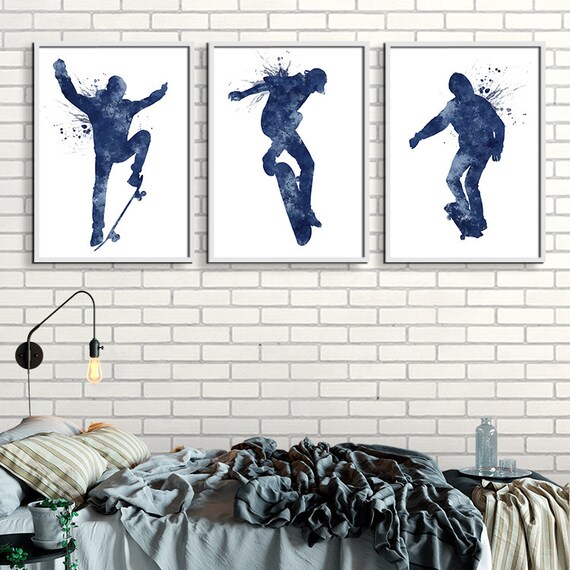 Boy Skater Set of 3 Blue Watercolor Art Prints, Teen Boy Wall Art Set of  Prints Skateboarder Gift Art for Teen Boys Room Skateboarder Poster 